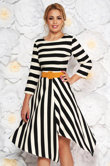 Rochie LaDonna neagra eleganta de zi asimetrica in clos din stofa subtire usor elastica cu accesoriu tip curea