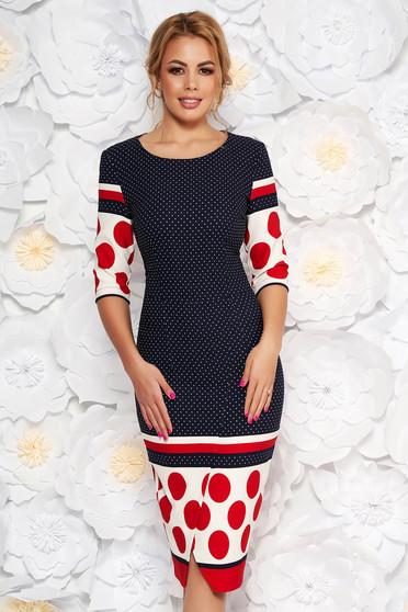 Rochie LaDonna albastra-inchis office tip creion cu maneci scurte din stofa cu buline