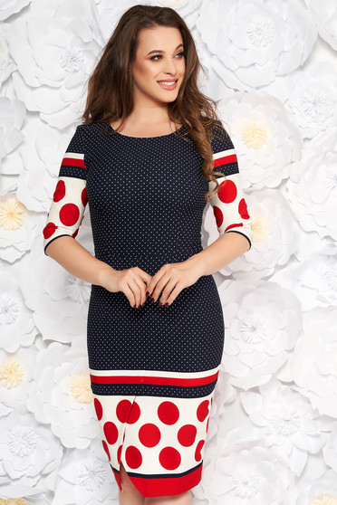 Rochie LaDonna albastra-inchis office tip creion cu maneci scurte din stofa cu buline