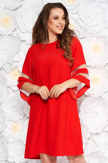 Rochie rosie eleganta cu croi larg din stofa neelastica maneci largi
