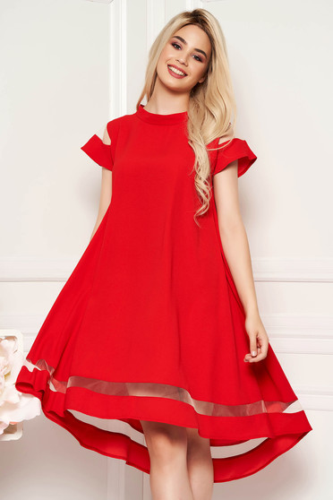 Rochie rosie eleganta cu croi larg din stofa neelastica maneci largi