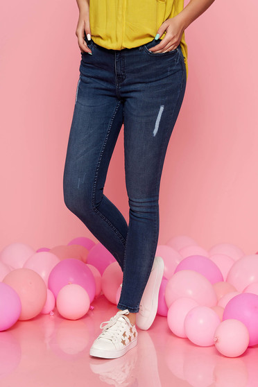 Blugi Top Secret albastri skinny casual din bumbac elastic cu talie medie