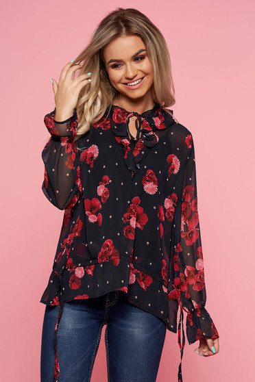 Bluza dama Top Secret albastra-inchis eleganta cu croi larg din material usor transparent cu imprimeuri florale cu volanase