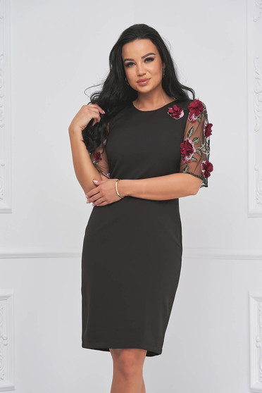 StarShinerS black dress occasional midi cloth with rounded cleavage with laced sleeves
