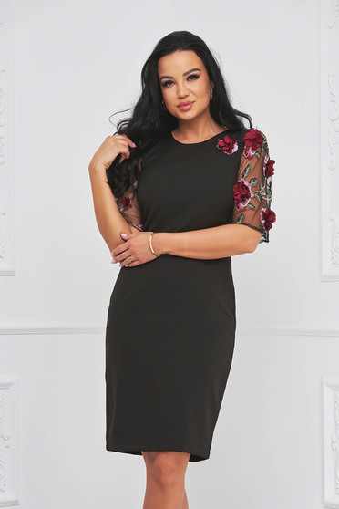 Gowns, StarShinerS black dress occasional midi cloth with rounded cleavage with laced sleeves - StarShinerS.com