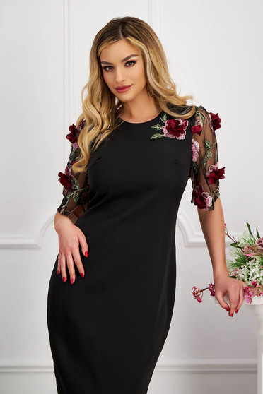 Mother in law dresses, StarShinerS black dress occasional midi cloth with rounded cleavage with laced sleeves - StarShinerS.com