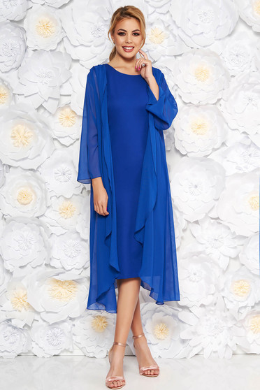Rochie albastra eleganta midi fara maneci din material fin la atingere cu capa detasabila