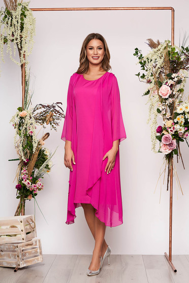 Rochie fuchsia eleganta midi din material fin la atingere fara maneci cu capa detasabila
