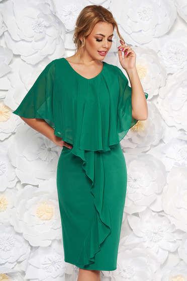 Rochie verde de ocazie midi fara maneci cu un croi cambrat din stofa subtire usor elastica suprapunere cu voal