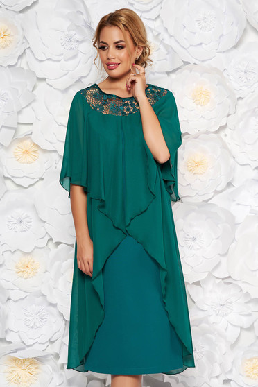 Rochie verde de ocazie cu un croi drept din stofa usor elastica suprapunere cu voal