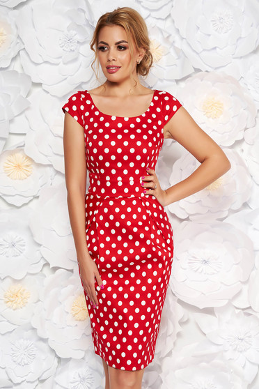 Rochie rosie casual din bumbac usor elastic cu buline