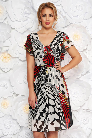 Rochie neagra de zi in clos din voal cu volanase cu decolteu in v