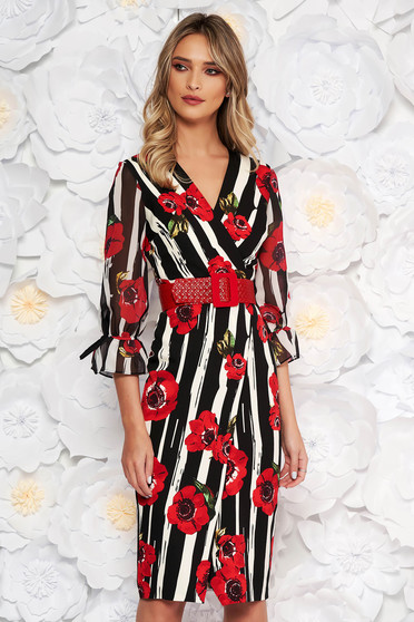 Rochie Fofy multicolora cu accente rosii eleganta midi cu decolteu cu un croi mulat cu accesoriu tip curea