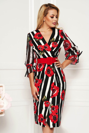 Rochie Fofy multicolora cu accente rosii eleganta midi cu decolteu cu un croi mulat cu accesoriu tip curea