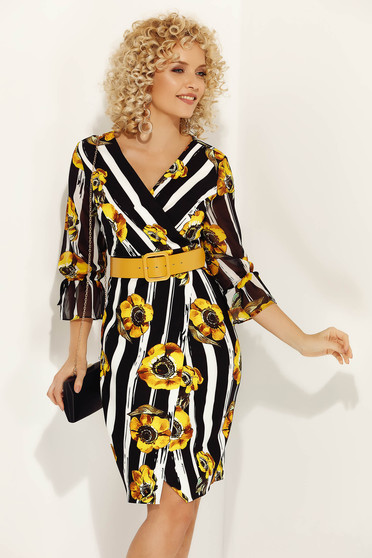 Rochie Fofy multicolora cu accente mustarie eleganta midi cu decolteu cu un croi mulat cu accesoriu tip curea