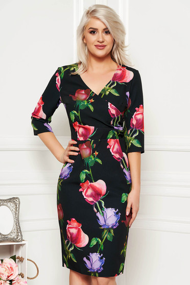 Rochie neagra eleganta tip creion cu decolteu in v din material fin la atingere cu imprimeuri florale