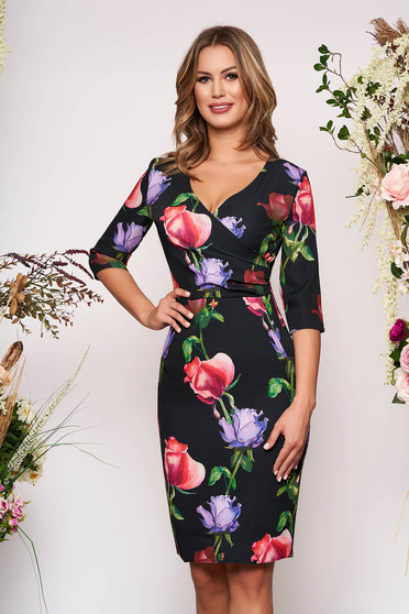 Rochie neagra eleganta tip creion cu decolteu in v din material fin la atingere cu imprimeuri florale