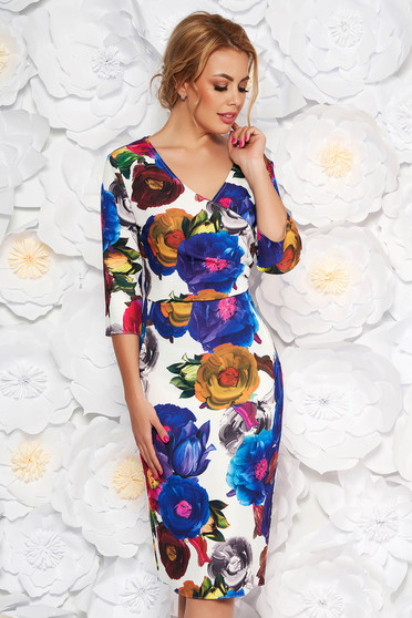 Rochie albastra eleganta tip creion cu decolteu in v din material fin la atingere cu imprimeuri florale