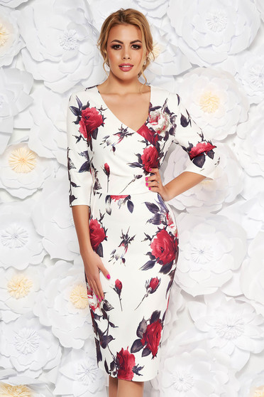 Rochie alba eleganta tip creion cu decolteu in v din material fin la atingere cu imprimeuri florale