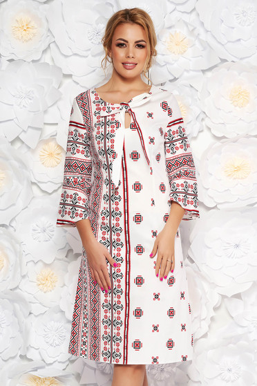 Rochie alba midi cu croi in a de zi din bumbac usor elastic cu imprimeuri grafice