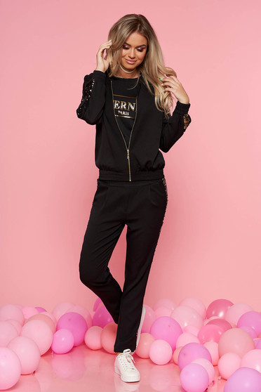 Set SunShine negru casual din 2 piese cu pantaloni din bumbac usor elastic cu aplicatii cu paiete