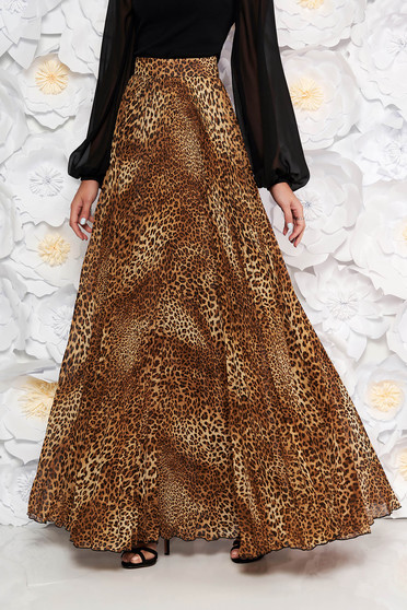 Fusta PrettyGirl maro-inchis plisata in clos cu talie inalta din voal cu animal print