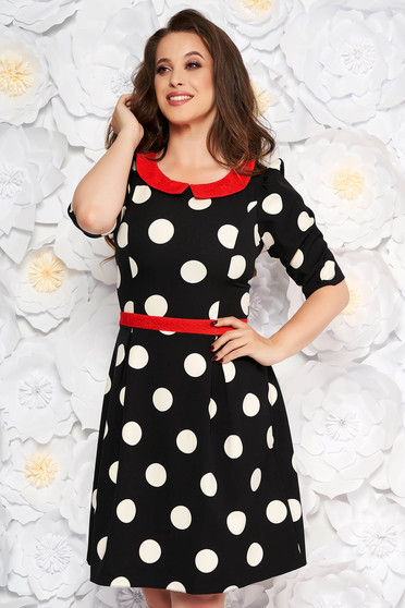 Rochie LaDonna neagra eleganta de zi in clos din stofa subtire usor elastica cu buline cu guler rotunjit
