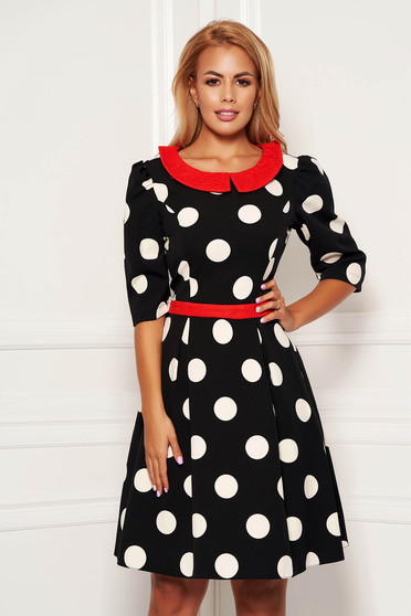 Rochie LaDonna neagra eleganta de zi in clos din stofa subtire usor elastica cu buline si guler rotunjit