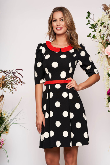 Rochie LaDonna neagra eleganta de zi in clos din stofa subtire usor elastica cu buline si guler rotunjit