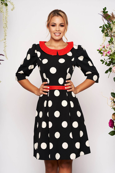 Rochie LaDonna neagra eleganta de zi in clos din stofa subtire usor elastica cu buline si guler rotunjit