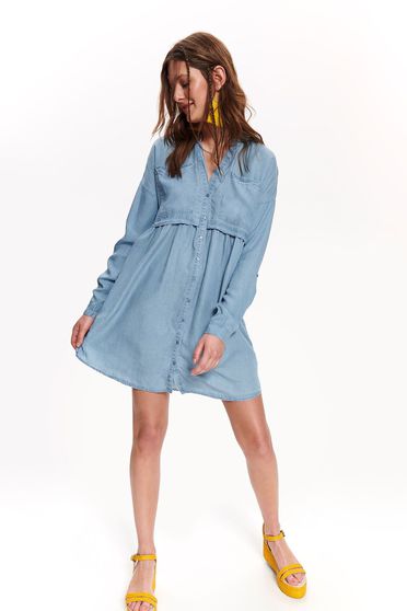 Rochie Top Secret albastra de zi cu decolteu in v cu croi larg din denim