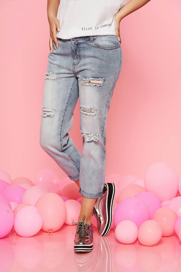 Blugi Top Secret albastri casual cu rupturi cu talie medie din bumbac neelastic