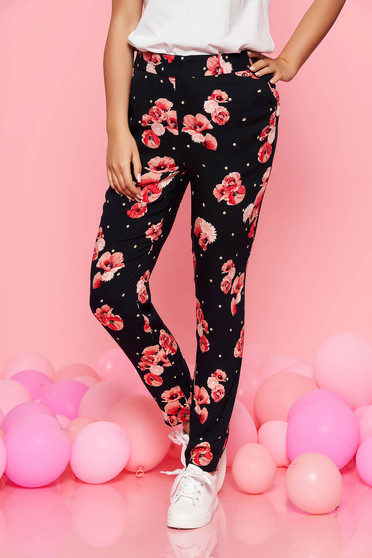 Elegant pants, Top Secret darkblue trousers with medium waist thin fabric with floral print - StarShinerS.com