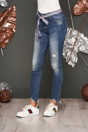 Blugi albastri casual skinny din bumbac cu talie medie