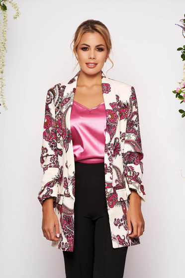 Sacou alb casual tip blazer cu un croi drept cu maneci trei-sferturi