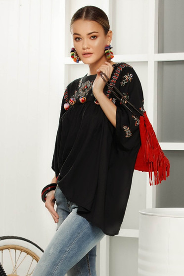 Bluza dama neagra casual cu croi larg cu maneca 3/4 din material vaporos