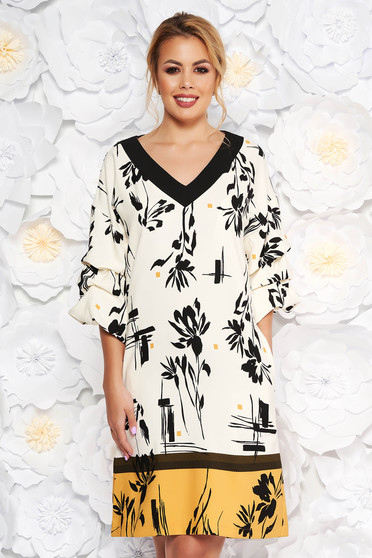 Rochie LaDonna alba cu accente mustarii eleganta de zi cu un croi drept cu maneca 3/4 din material usor elastic cu imprimeuri florale