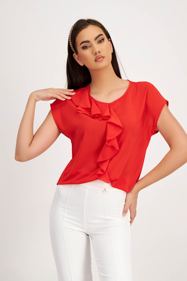 Casual Blouses, StarShinerS red women`s blouse short sleeve with ruffle details thin fabric - StarShinerS.com
