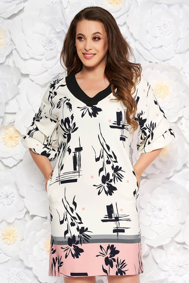 Rochie LaDonna alba cu accente rosa eleganta de zi cu un croi drept cu maneca 3/4 din material usor elastic cu imprimeuri florale