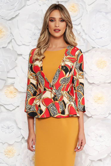 Sacou StarShinerS rosu elegant cambrat cu maneci trei-sferturi cu peplum din stofa subtire usor elastica