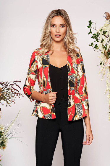 Sacou StarShinerS rosu elegant cambrat din stofa subtire usor elastica cu maneci trei-sferturi si peplum