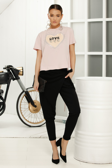 Tricou rosa casual cu maneci scurte cu croi larg