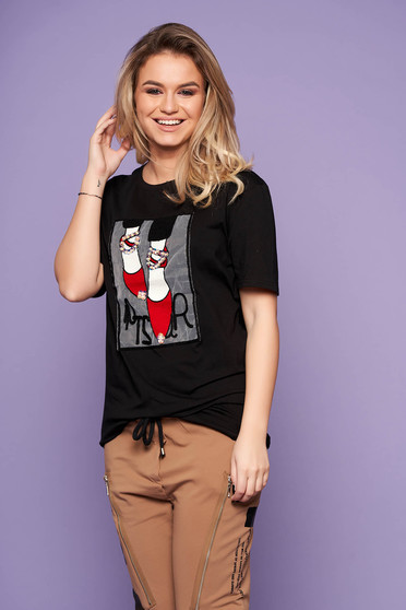 Tricou negru casual cu croi larg cu maneci scurte din material subtire