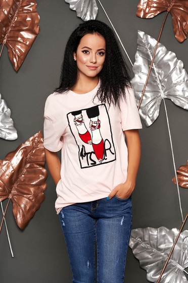Tricou roz deschis casual cu croi larg cu maneci scurte din material subtire