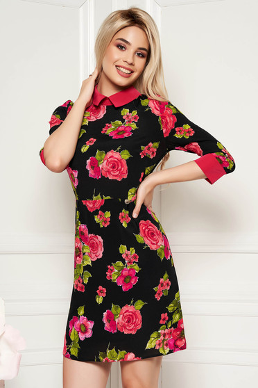 Rochie PrettyGirl neagra de zi cu croi in a cu maneca 3/4 din material vaporos captusita pe interior
