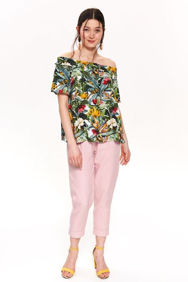 Bluza dama Top Secret verde casual cu umeri goi cu croi larg din material subtire cu imprimeuri florale