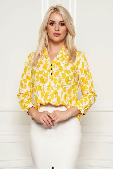 Bluza dama Fofy galbena asimetrica cu croi larg din material subtire cu imprimeuri florale