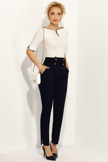 Pantaloni Fofy albastri-inchis eleganti conici cu talie inalta accesorizati cu nasturi din stofa subtire usor elastica