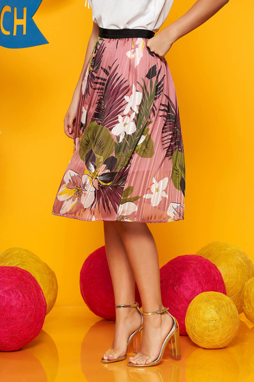 Fusta Top Secret roz midi in clos din voal cu imprimeu floral si elastic in talie
