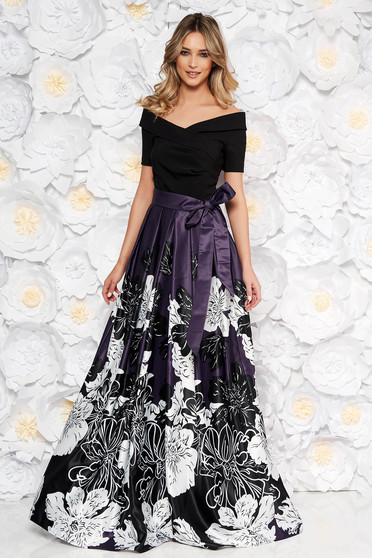 Rochie Artista mov de ocazie in clos din material satinat captusita pe interior cu umeri goi